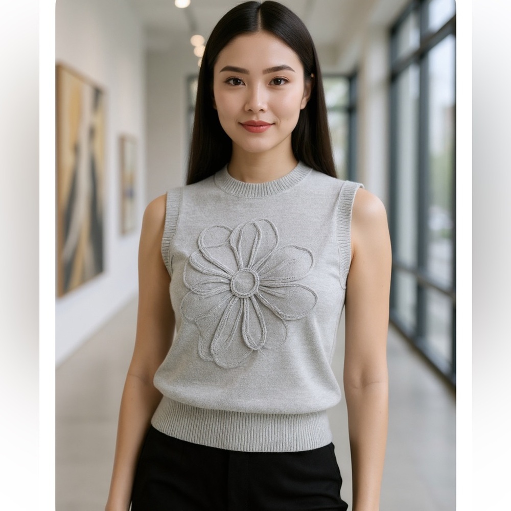 NWT Commense Gray Sleeveless Sweater with Floral Design small
